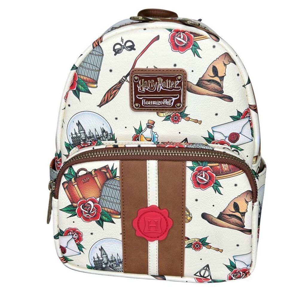 NEW Loungefly Harry Potter Tattoo Art Cream Double Strap Shoulder Backpack